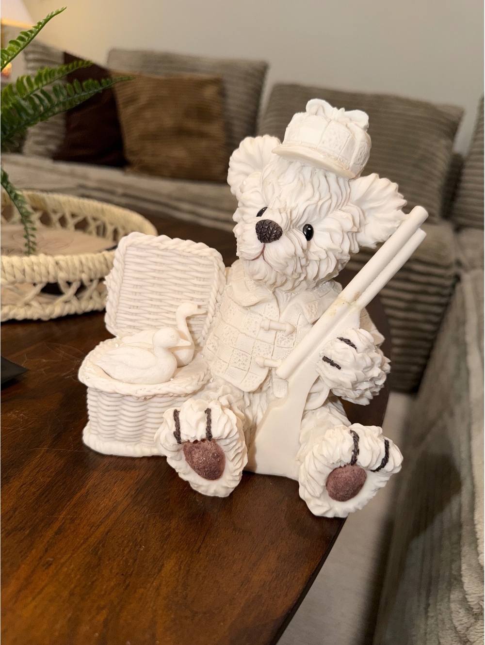White Teddy Bear Figurine with Basket and Bat